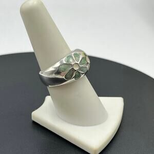 Chateau D'Argent C^A Sterling Green Cream Enamel Petal Flower Dome Ring sz 8.25